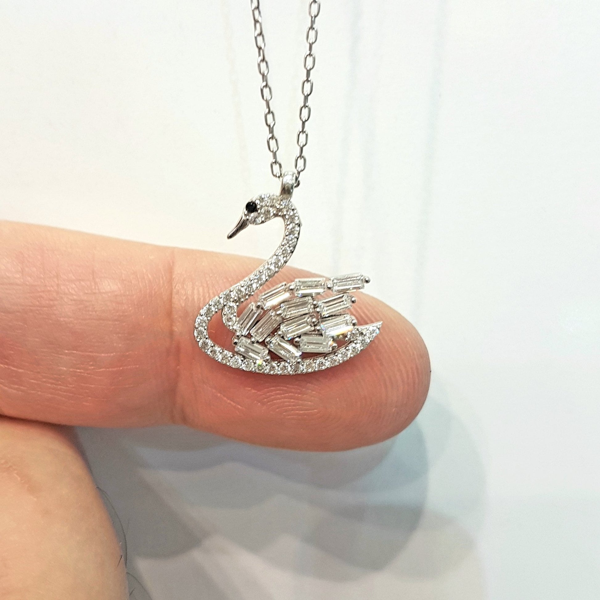 cubic baguette stones dainty charm delicate trendy pendant 925K sterling silver swan necklace