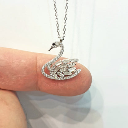 cubic baguette stones dainty charm delicate trendy pendant 925K sterling silver swan necklace