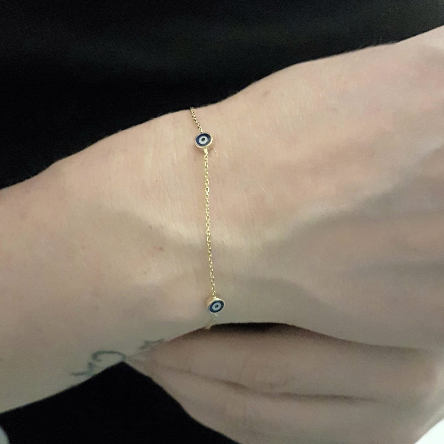 Evil Eye Bracelet Triple Lucky Luck Nazar Protection For Women Jewelry 14K Yellow Gold Charm Dainty Navy Blue or Turquoise