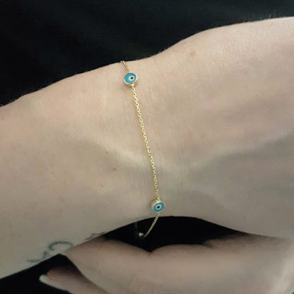 Evil Eye Bracelet Triple Lucky Luck Nazar Protection For Women Jewelry 14K Yellow Gold Charm Dainty Navy Blue or Turquoise