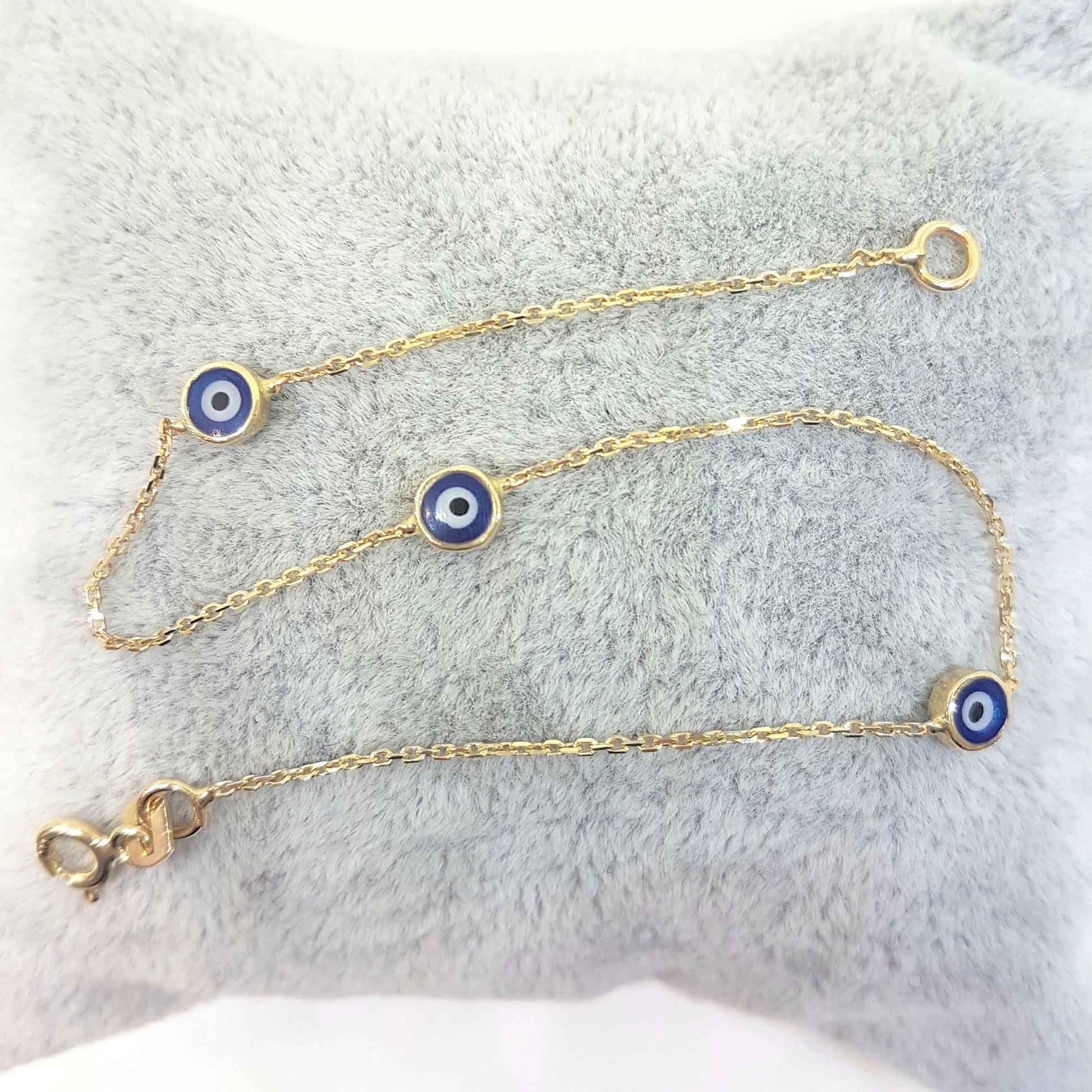 Evil Eye Bracelet Triple Lucky Luck Nazar Protection For Women Jewelry 14K Yellow Gold Charm Dainty Navy Blue or Turquoise