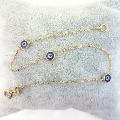 Evil Eye Bracelet Triple Lucky Luck Nazar Protection For Women Jewelry 14K Yellow Gold Charm Dainty Navy Blue or Turquoise
