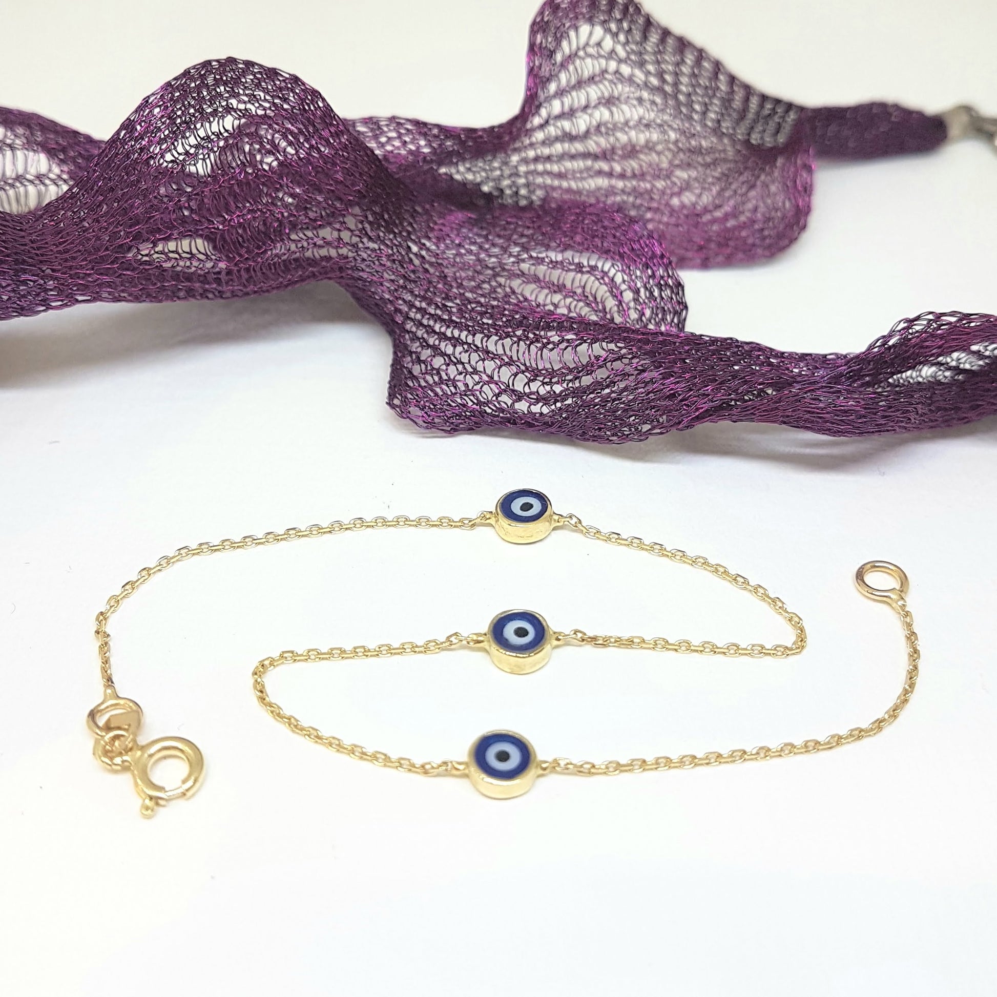 Evil Eye Bracelet Triple Lucky Luck Nazar Protection For Women Jewelry 14K Yellow Gold Charm Dainty Navy Blue or Turquoise