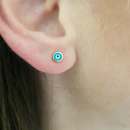 Evil Eye Stud Earrings Lucky Luck Nazar Protection For Women Jewelry 14K Yellow Gold Tiny Charm Dainty Turquoise or Navy Blue