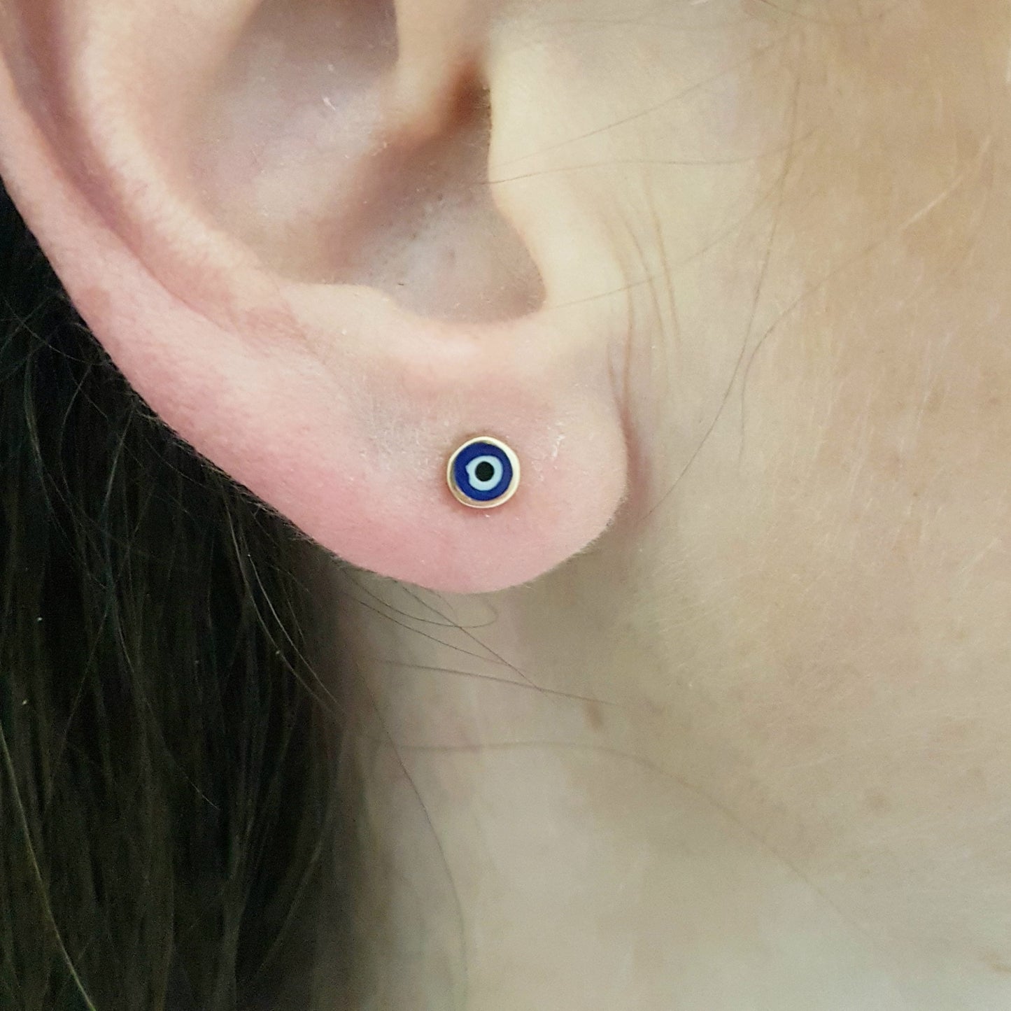 Evil Eye Stud Earrings Lucky Luck Nazar Protection For Women Jewelry 14K Yellow Gold Tiny Charm Dainty Turquoise or Navy Blue