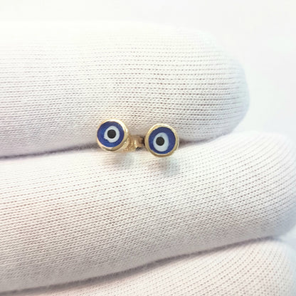 Evil Eye Stud Earrings Lucky Luck Nazar Protection For Women Jewelry 14K Yellow Gold Tiny Charm Dainty Turquoise or Navy Blue