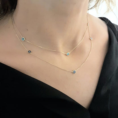 Evil Eye Trio Pendant Necklace Lucky Turkey Nazar Protection For Women Handmade Jewelry 14K Yellow Gold Charm Elegant Dainty Navy Blue Or Turquoise