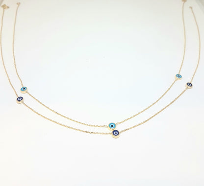 Evil Eye Trio Pendant Necklace Lucky Turkey Nazar Protection For Women Handmade Jewelry 14K Yellow Gold Charm Elegant Dainty Navy Blue Or Turquoise