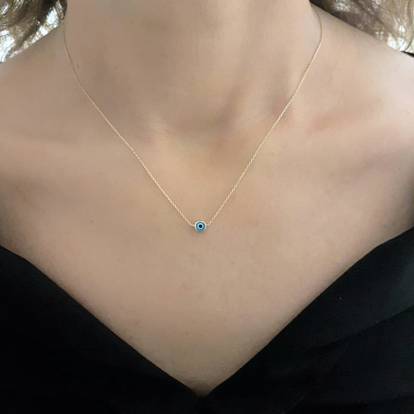 Evil Eye Single Pendant Necklace Lucky Turkey Nazar Protection For Women Jewelry 14K Yellow Gold Charm Dainty Navy Blue or Turquoise