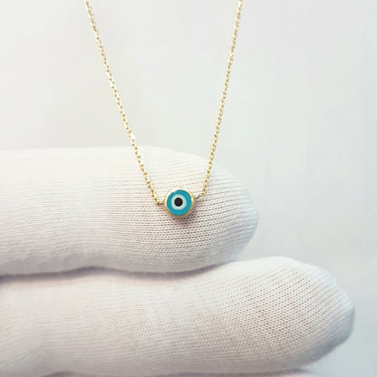 Evil Eye Single Pendant Necklace Lucky Turkey Nazar Protection For Women Jewelry 14K Yellow Gold Charm Dainty Navy Blue or Turquoise