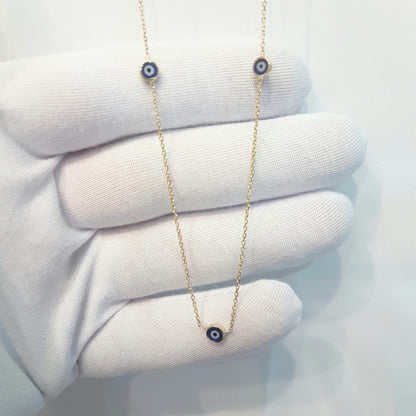 Evil Eye Trio Pendant Necklace Lucky Turkey Nazar Protection For Women Handmade Jewelry 14K Yellow Gold Charm Elegant Dainty Navy Blue Or Turquoise