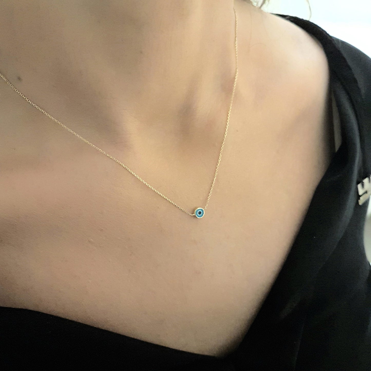 14K Real Solid Yellow Gold Evil Eye Necklace For Women , Navy Blue or Turquoise