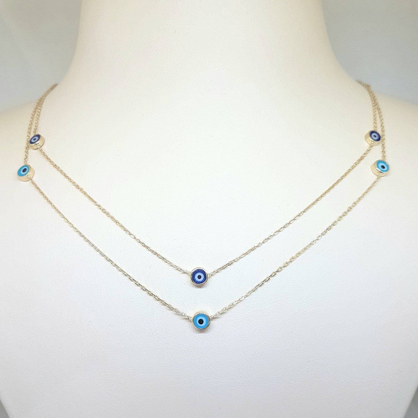 Evil Eye Trio Pendant Necklace Lucky Turkey Nazar Protection For Women Handmade Jewelry 14K Yellow Gold Charm Elegant Dainty Navy Blue Or Turquoise