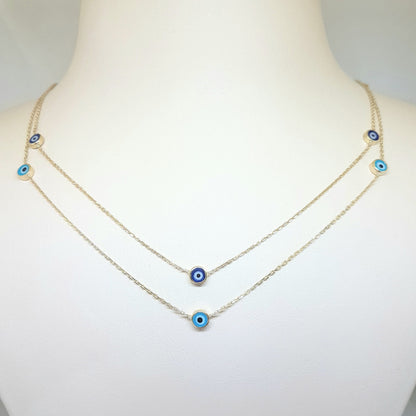 Evil Eye Trio Pendant Necklace Lucky Turkey Nazar Protection For Women Handmade Jewelry 14K Yellow Gold Charm Elegant Dainty Navy Blue Or Turquoise