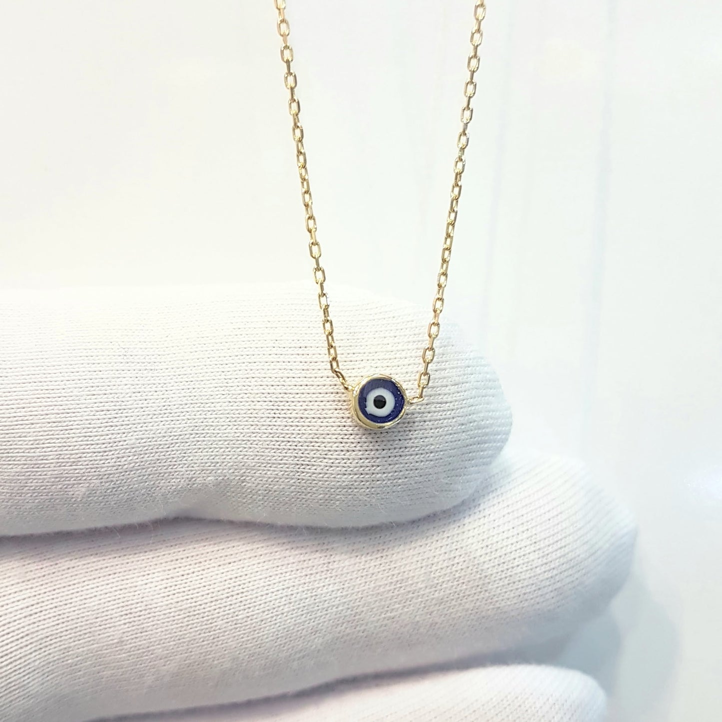 14K Real Solid Yellow Gold Evil Eye Necklace For Women , Navy Blue or Turquoise