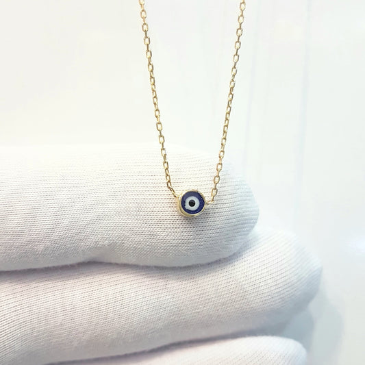 14K Real Solid Yellow Gold Evil Eye Necklace For Women , Navy Blue or Turquoise
