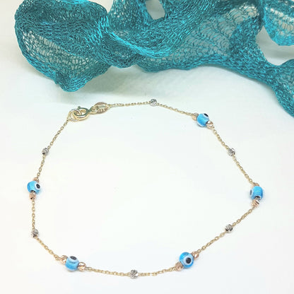 14K Real Solid Gold Lucky Blue Evil Eye and Italian Balls Design Tiny Cute Dainty Delicate Elegant Trendy Bracelet best gift for Women Jewelry yourself, birthday Nazar