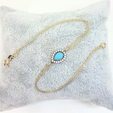 14K Real Solid Gold Tear Drop Design with Turquoise and White Zirconia Stones Halo Elegant Dainty Delicate Charm Cute Trendy Bracelet