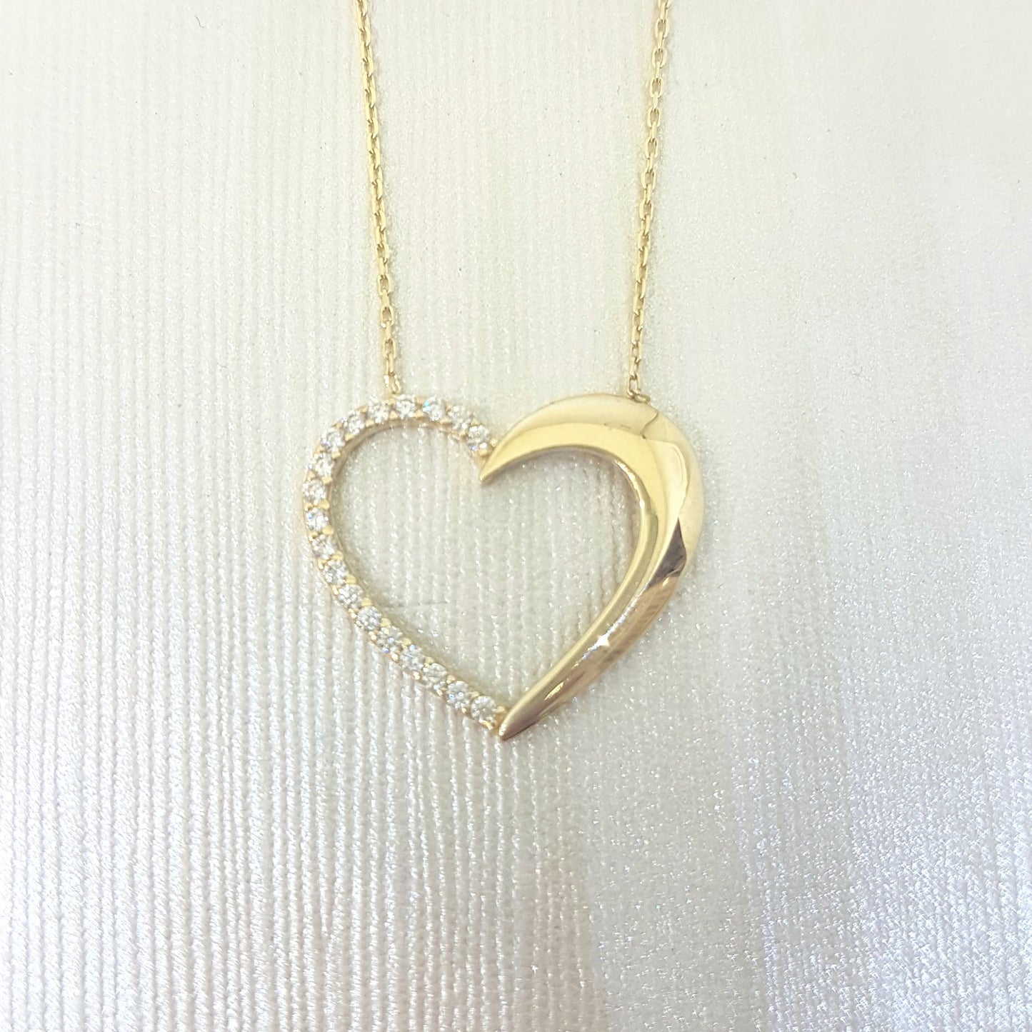 14K Real Solid Gold Forever Love Heart Pendant Necklace Half Decorated with Diamond Cut Zirconia Stones Charm Elegant Dainty Birthday Valentine Christmas Gift Women Jewelry