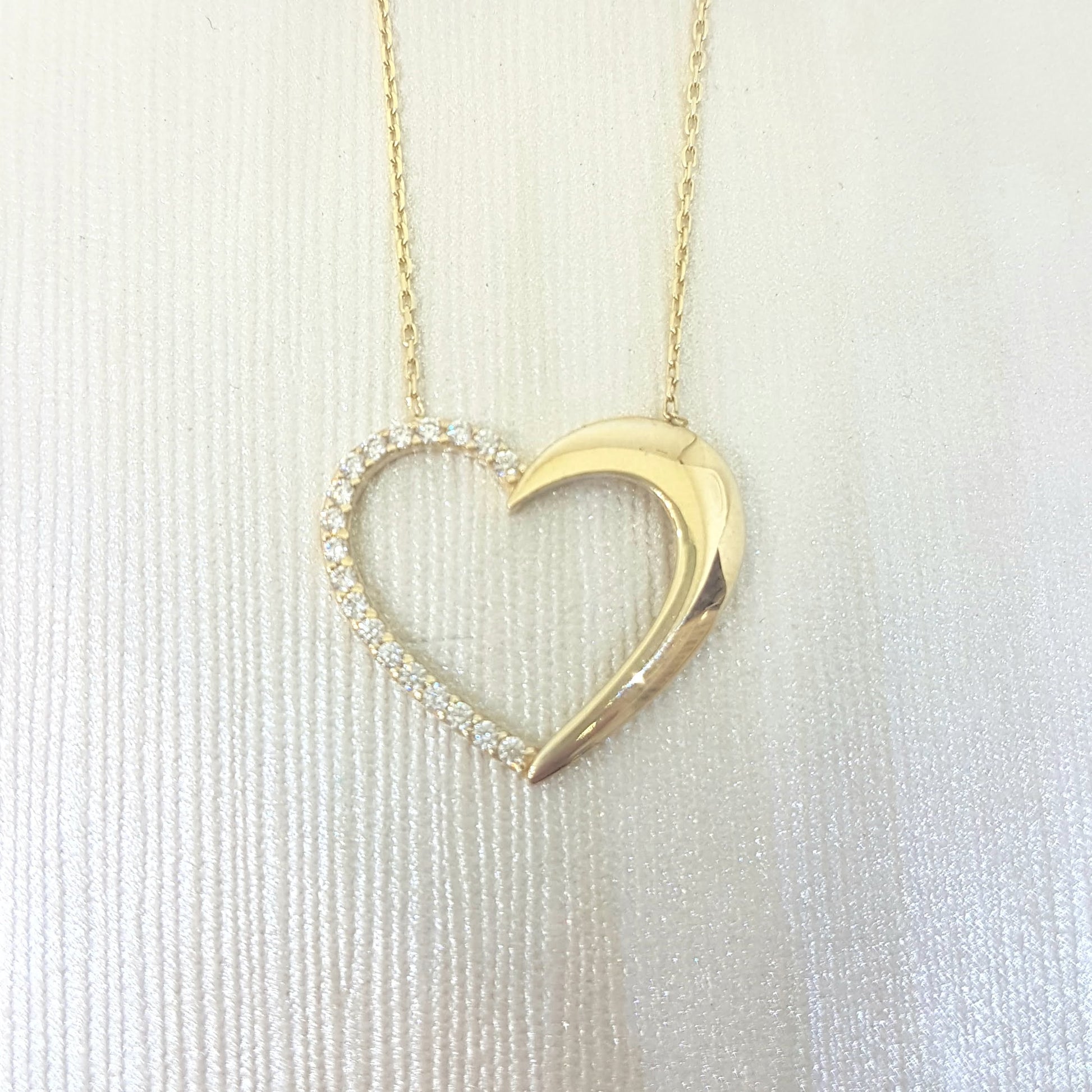 14K Real Solid Gold Forever Love Heart Pendant Necklace Half Decorated with Diamond Cut Zirconia Stones Charm Elegant Dainty Birthday Valentine Christmas Gift Women Jewelry