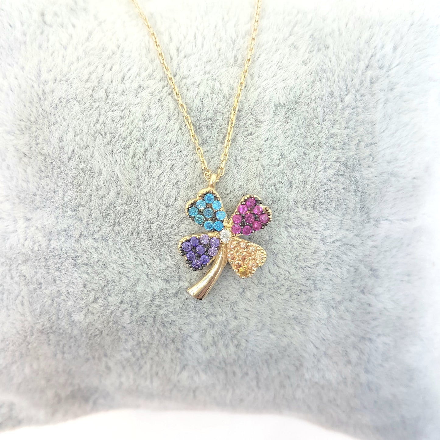 14K Real Gold Lucky Four Leaf Clover with Colorful Zirconia Stones Cute Dainty Charm, Delicate Elegant Trendy Pendant Necklace for Good Luck Birthday Gift Women Jewelry Lilac Purple Yellow Light Blue