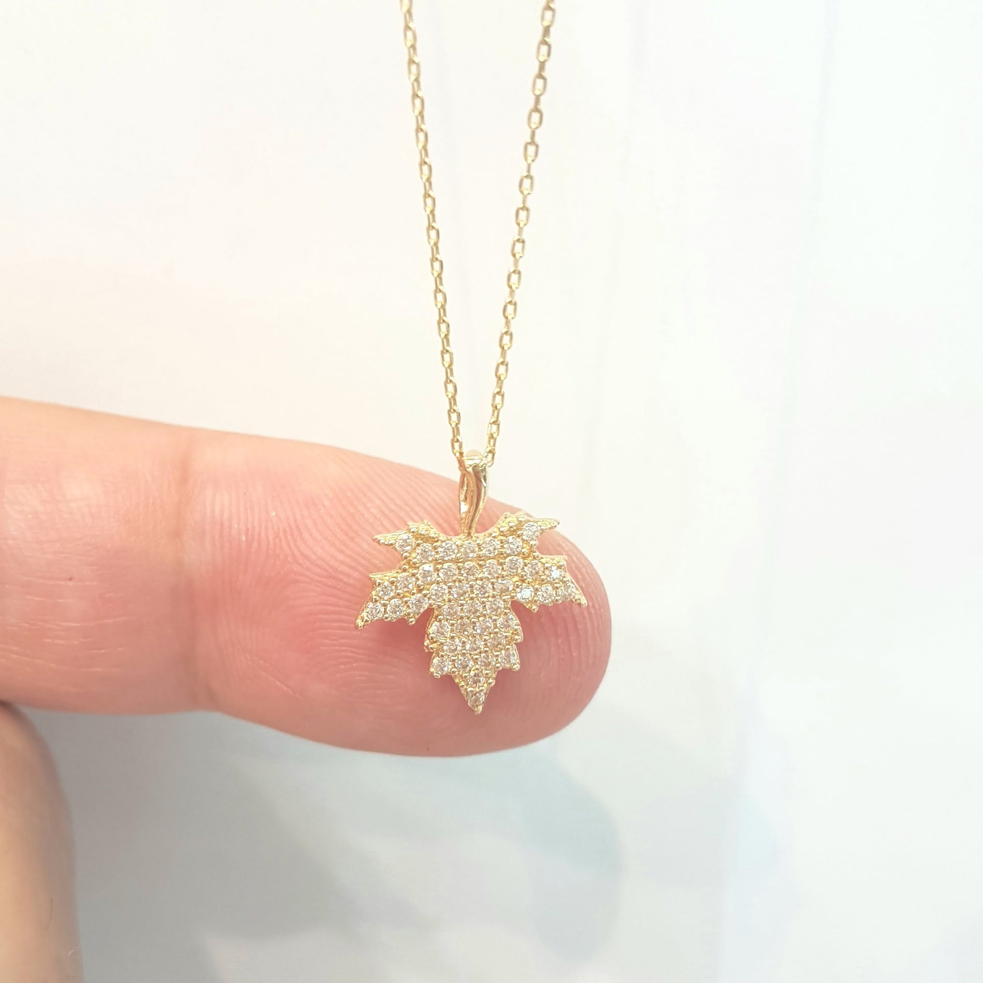 14K Real Solid Gold Long Leaf Pendant Necklace with White Zirconia Stones Cute Charm Dainty Delicate Trendy Elegant Birthday Gift for her women jewelry wife grandma girl Autumn Maple