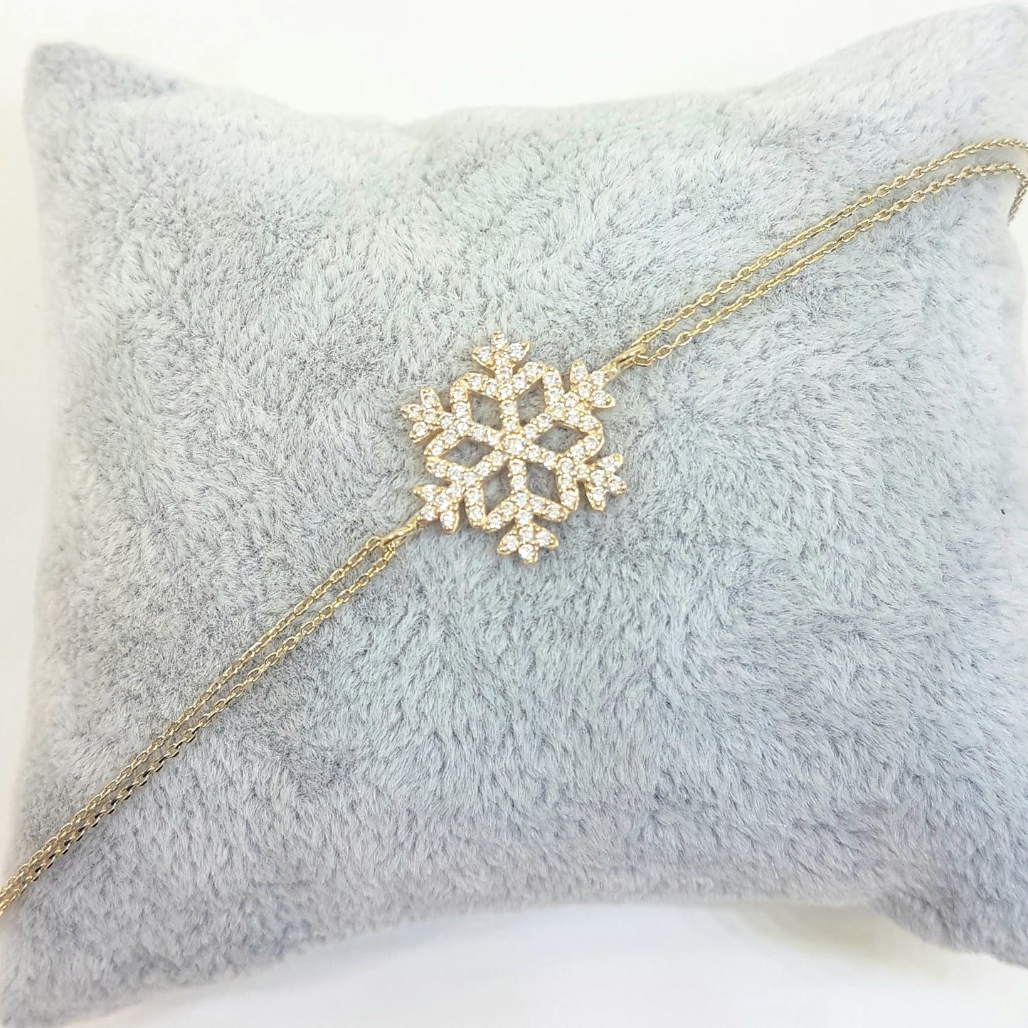 14K Real Solid Gold Snowflake Design with White Zirconia Stones Cute Elegant Dainty Charm Delicate Trendy Bracelet Best Birthday Gift for Women Jewelry