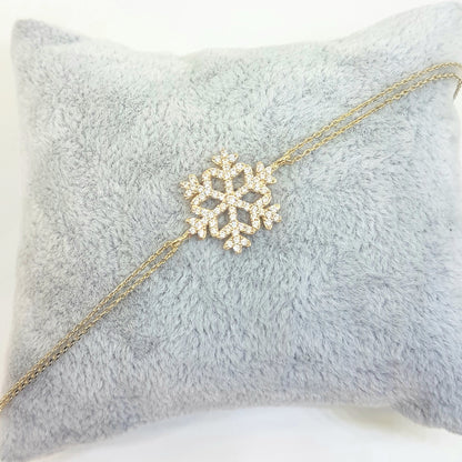 14K Real Solid Gold Snowflake Design with White Zirconia Stones Cute Elegant Dainty Charm Delicate Trendy Bracelet Best Birthday Gift for Women Jewelry