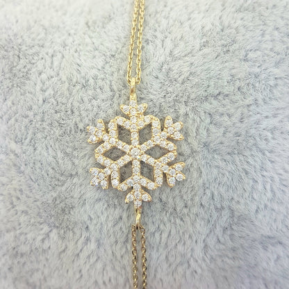 14K Real Solid Gold Snowflake Design with White Zirconia Stones Cute Elegant Dainty Charm Delicate Trendy Bracelet Best Birthday Gift for Women Jewelry