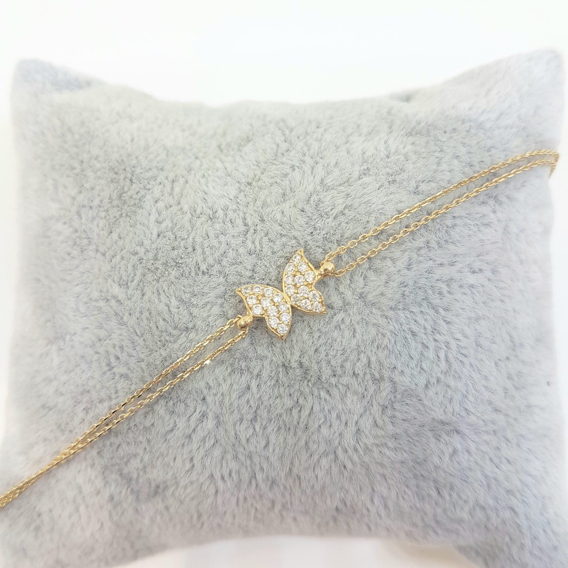 14K Real Solid Gold Butterfly Shape Design with White Zirconia Stones Tiny, Dainty,Delicate and Trendy Bracelet best gift for women,yourself, birthday