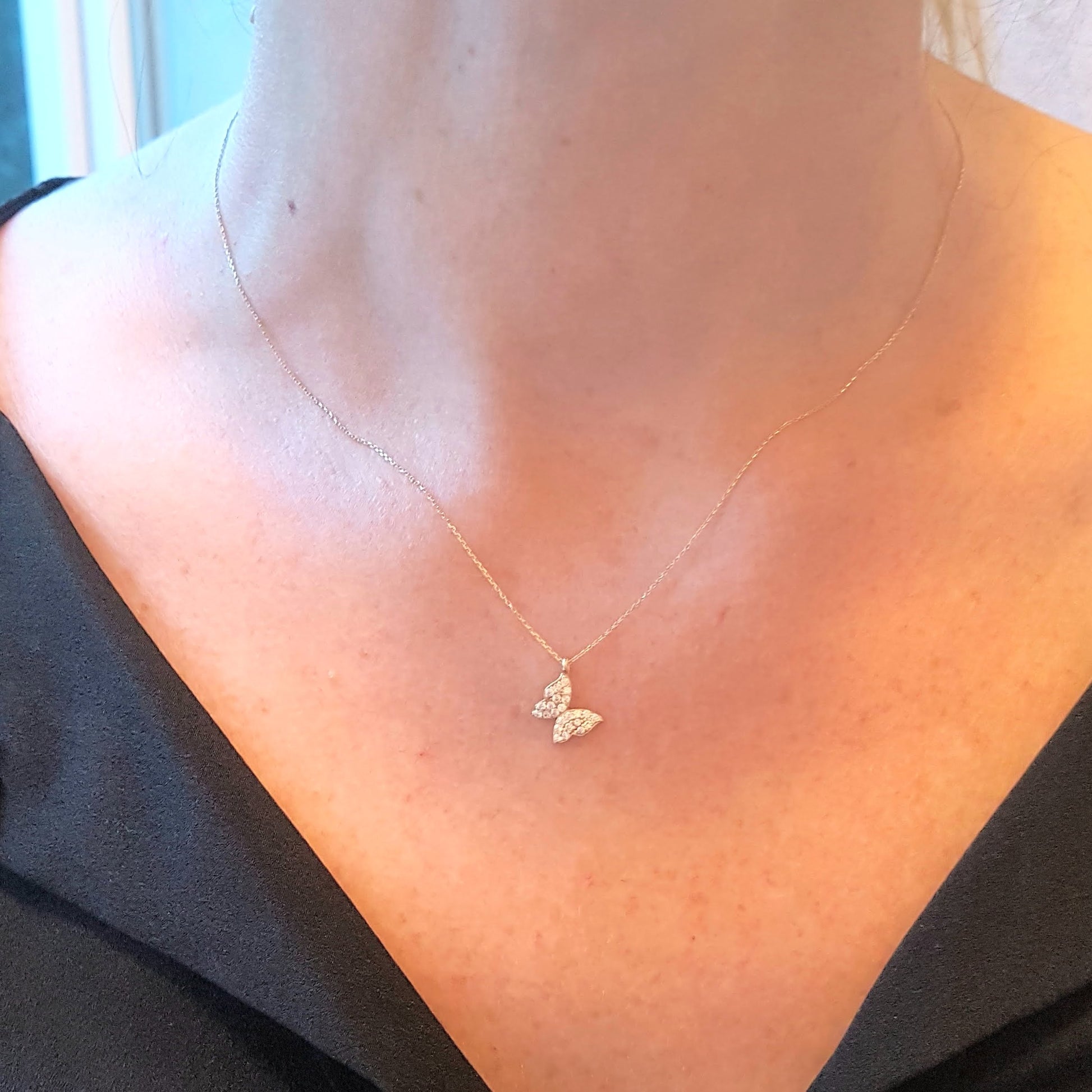 14K Real Solid Gold Butterfly Shape Design with White Zirconia Stones Cute Tiny Charm Dainty Delicate Trendy Necklace best birthday gift for women jewelry yourself