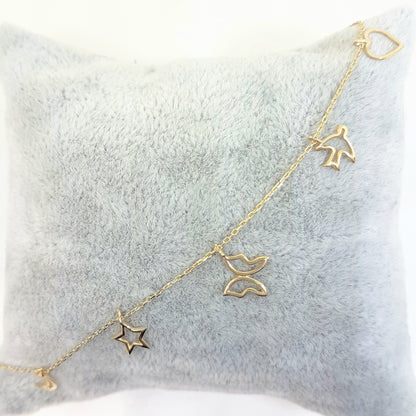 Good Luck Lucky Bracelet for Women 14K Real Solid Gold with Butterfly Star Moon Heart Swallow Pieces