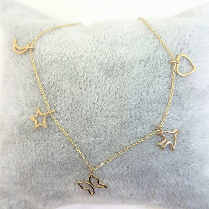Good Luck Lucky Bracelet for Women 14K Real Solid Gold with Butterfly Star Moon Heart Swallow Pieces