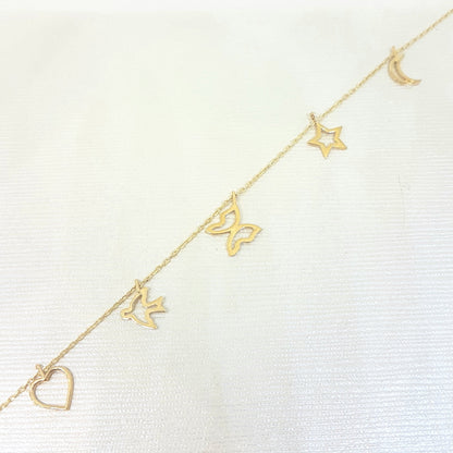Good Luck Lucky Bracelet for Women 14K Real Solid Gold with Butterfly Star Moon Heart Swallow Pieces