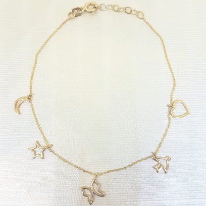 Good Luck Lucky Bracelet for Women 14K Real Solid Gold with Butterfly Star Moon Heart Swallow Pieces