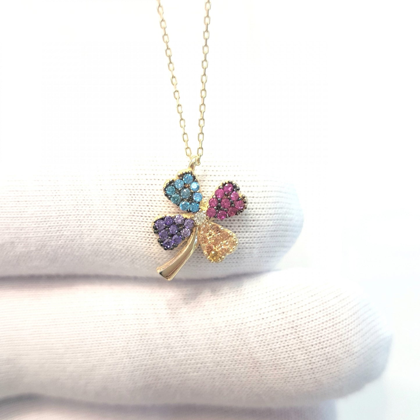 14K Real Gold Lucky Four Leaf Clover with Colorful Zirconia Stones Cute Dainty Charm, Delicate Elegant Trendy Pendant Necklace for Good Luck Birthday Gift Women Jewelry Lilac Purple Yellow Light Blue