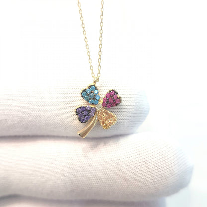 14K Real Gold Lucky Four Leaf Clover with Colorful Zirconia Stones Cute Dainty Charm, Delicate Elegant Trendy Pendant Necklace for Good Luck Birthday Gift Women Jewelry Lilac Purple Yellow Light Blue