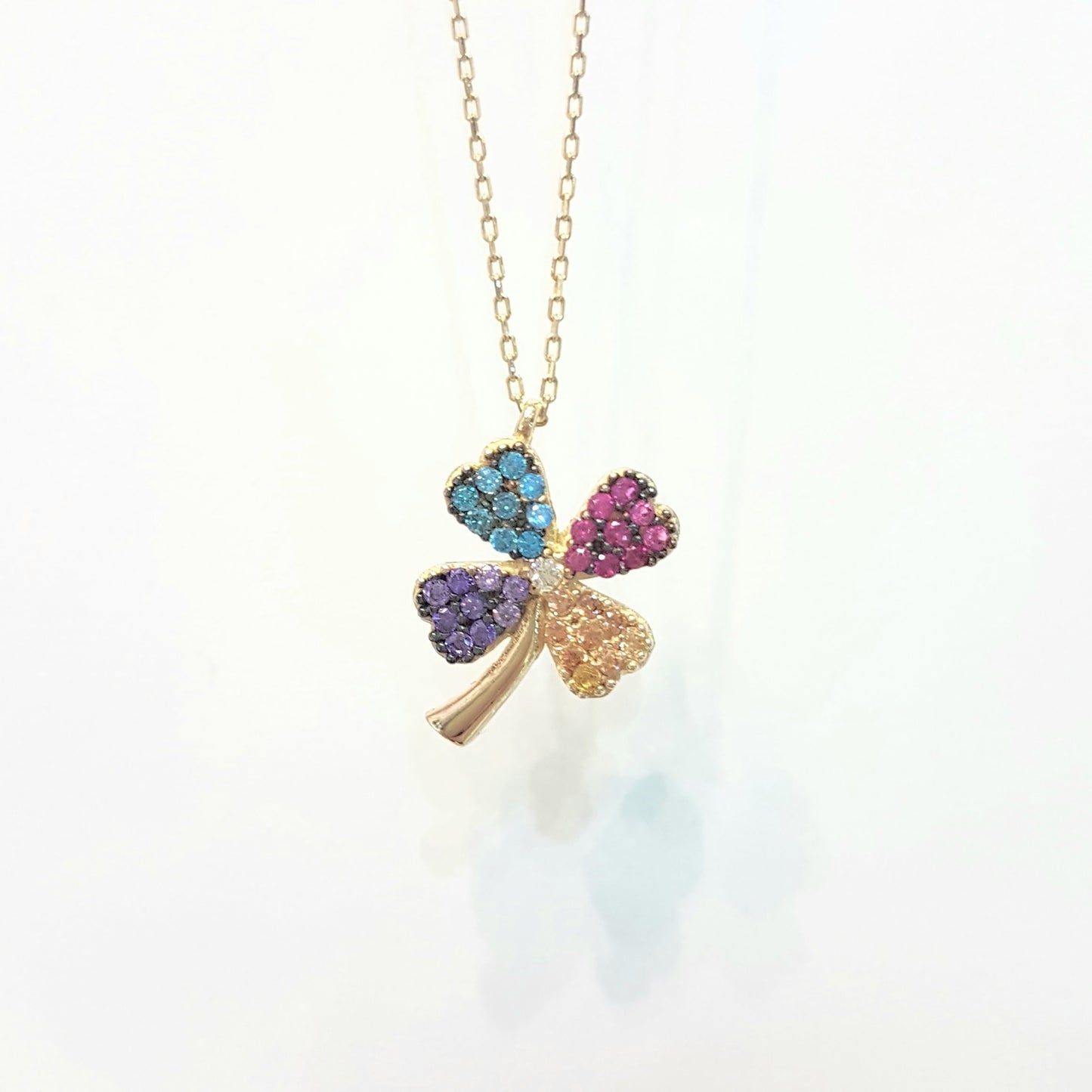 14K Real Gold Lucky Four Leaf Clover with Colorful Zirconia Stones Cute Dainty Charm, Delicate Elegant Trendy Pendant Necklace for Good Luck Birthday Gift Women Jewelry Lilac Purple Yellow Light Blue