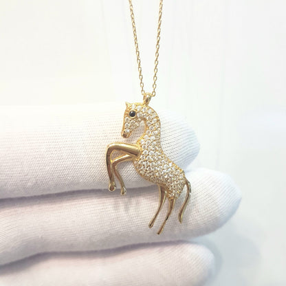 14K Gold Horse Pendant Necklace Decorated with Zirconia Stones Charm Elegant Dainty Birthday Valentine Christmas Gifts For Women Jewelry Girls