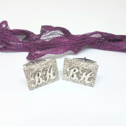925K Sterling Silver Engraved Initials Cufflinks for Men