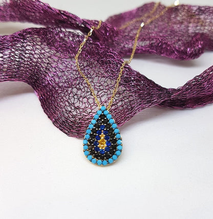 14K Real Solid Gold TearDrop and Evil Eye Design with Zirconia Stones Charm Dainty Delicate Elegant Trendy Pendant Necklace best birthday gift for women Jewelry girlfriend mom