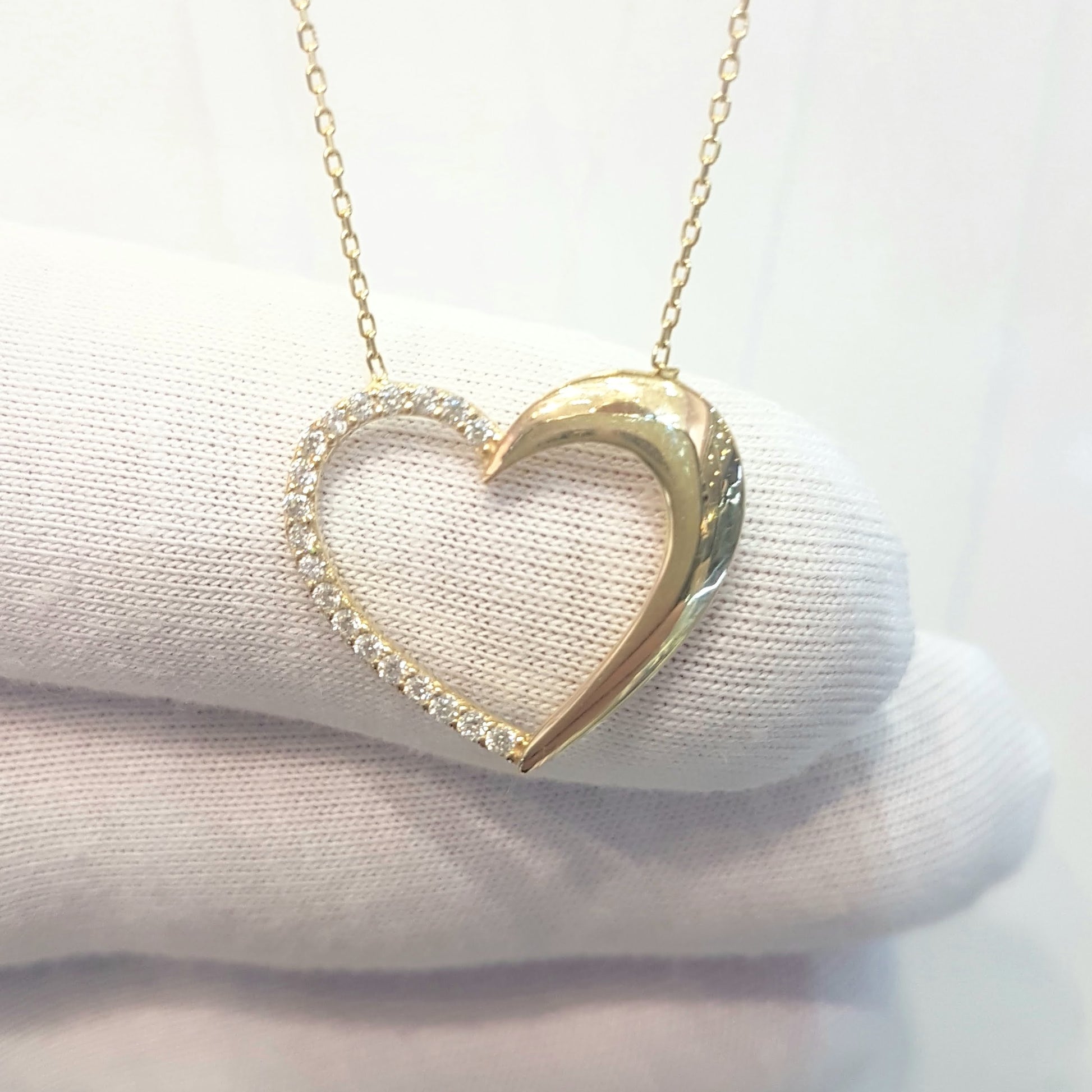 14K Real Solid Gold Forever Love Heart Pendant Necklace Half Decorated with Diamond Cut Zirconia Stones Charm Elegant Dainty Birthday Valentine Christmas Gift Women Jewelry