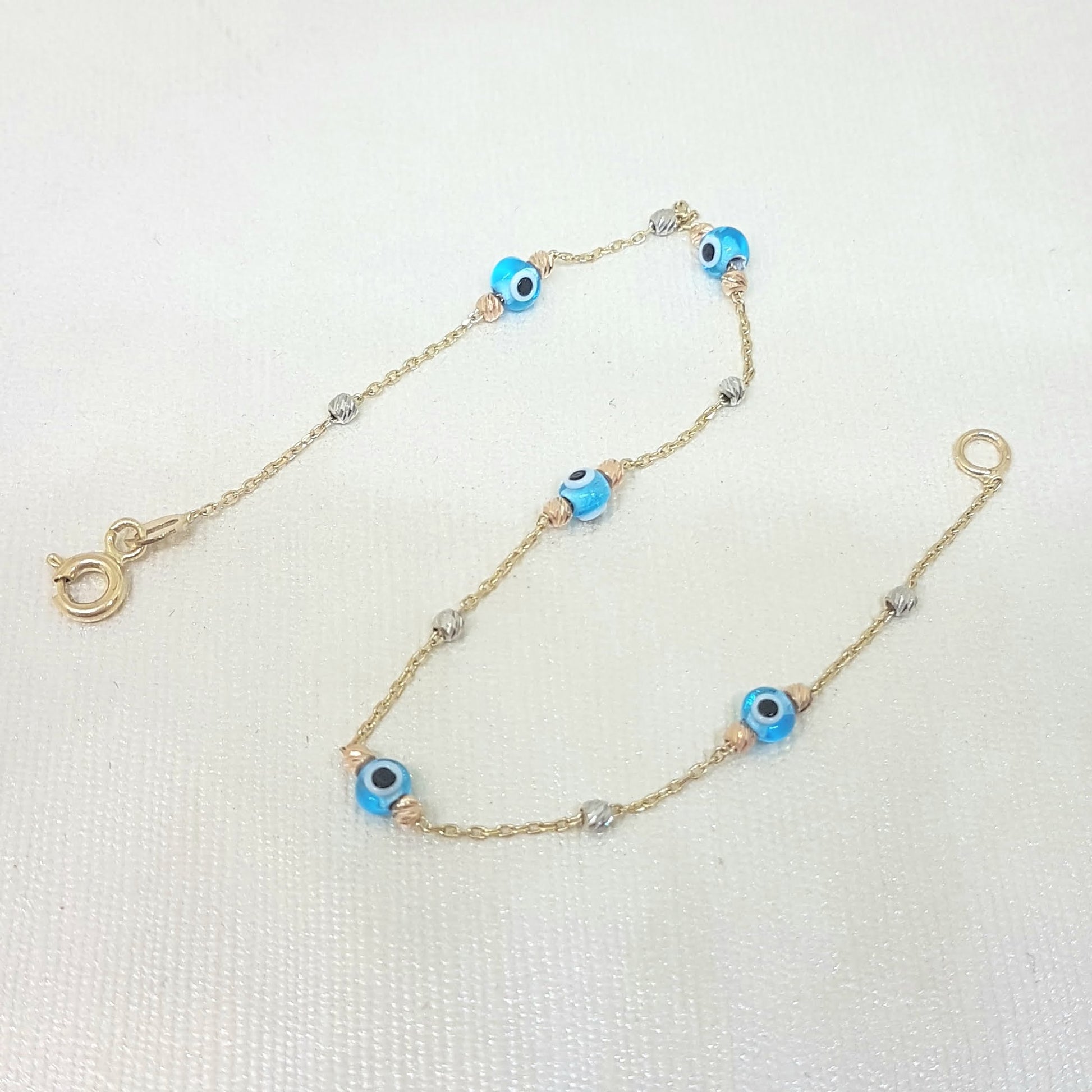 14K Real Solid Gold Lucky Blue Evil Eye and Italian Balls Design Tiny Cute Dainty Delicate Elegant Trendy Bracelet best gift for Women Jewelry yourself, birthday Nazar
