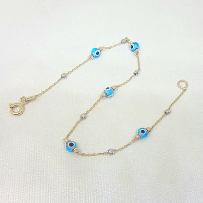 14K Real Solid Gold Lucky Blue Evil Eye and Italian Balls Design Tiny Cute Dainty Delicate Elegant Trendy Bracelet best gift for Women Jewelry yourself, birthday Nazar