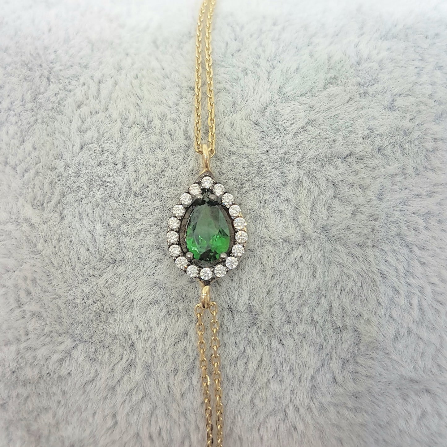 14K Real Solid Gold Tear Drop Design with GREEN and White Zirconia Stones Halo Elegant Dainty Delicate Charm Cute Trendy Bracelet best birthday gift for women Jewelry Mother Girl Grandma