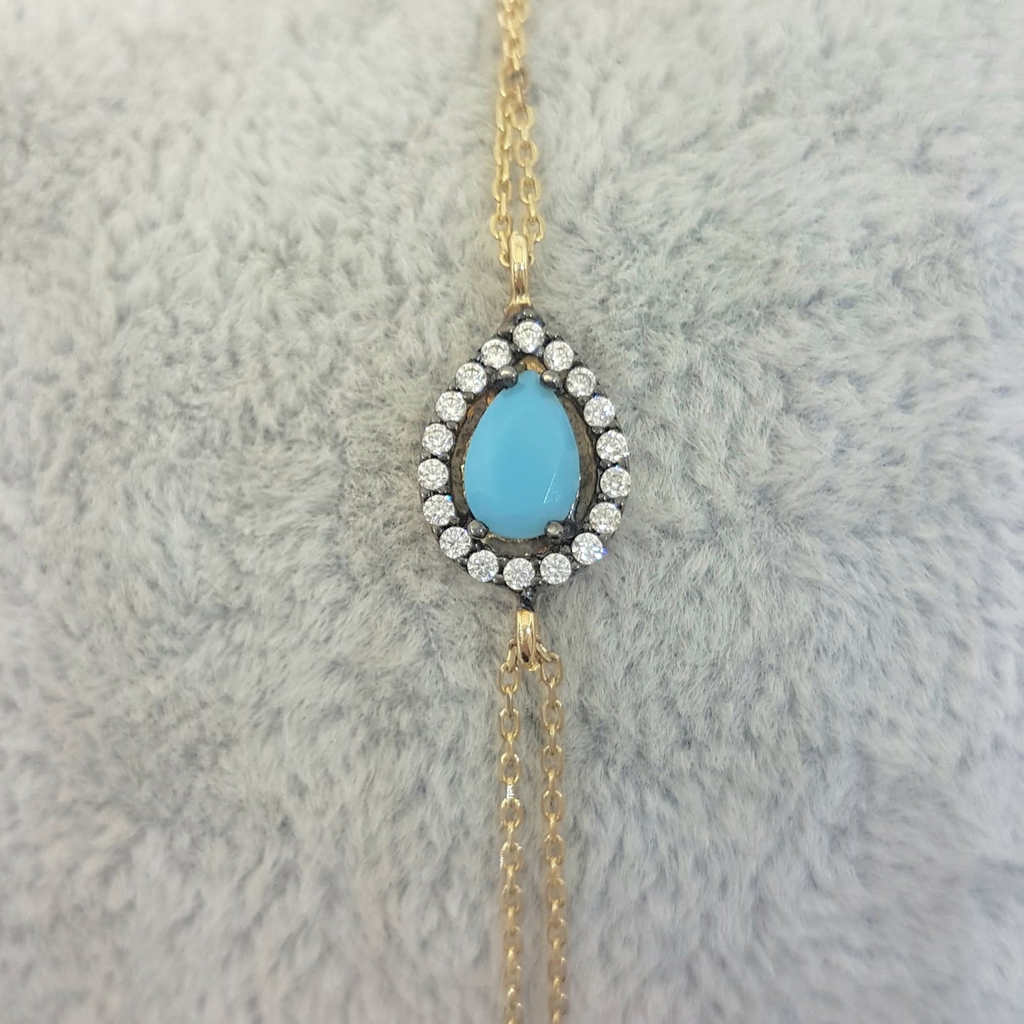 14K Real Solid Gold Tear Drop Design with Turquoise and White Zirconia Stones Halo Elegant Dainty Delicate Charm Cute Trendy Bracelet