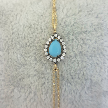 14K Real Solid Gold Tear Drop Design with Turquoise and White Zirconia Stones Halo Elegant Dainty Delicate Charm Cute Trendy Bracelet