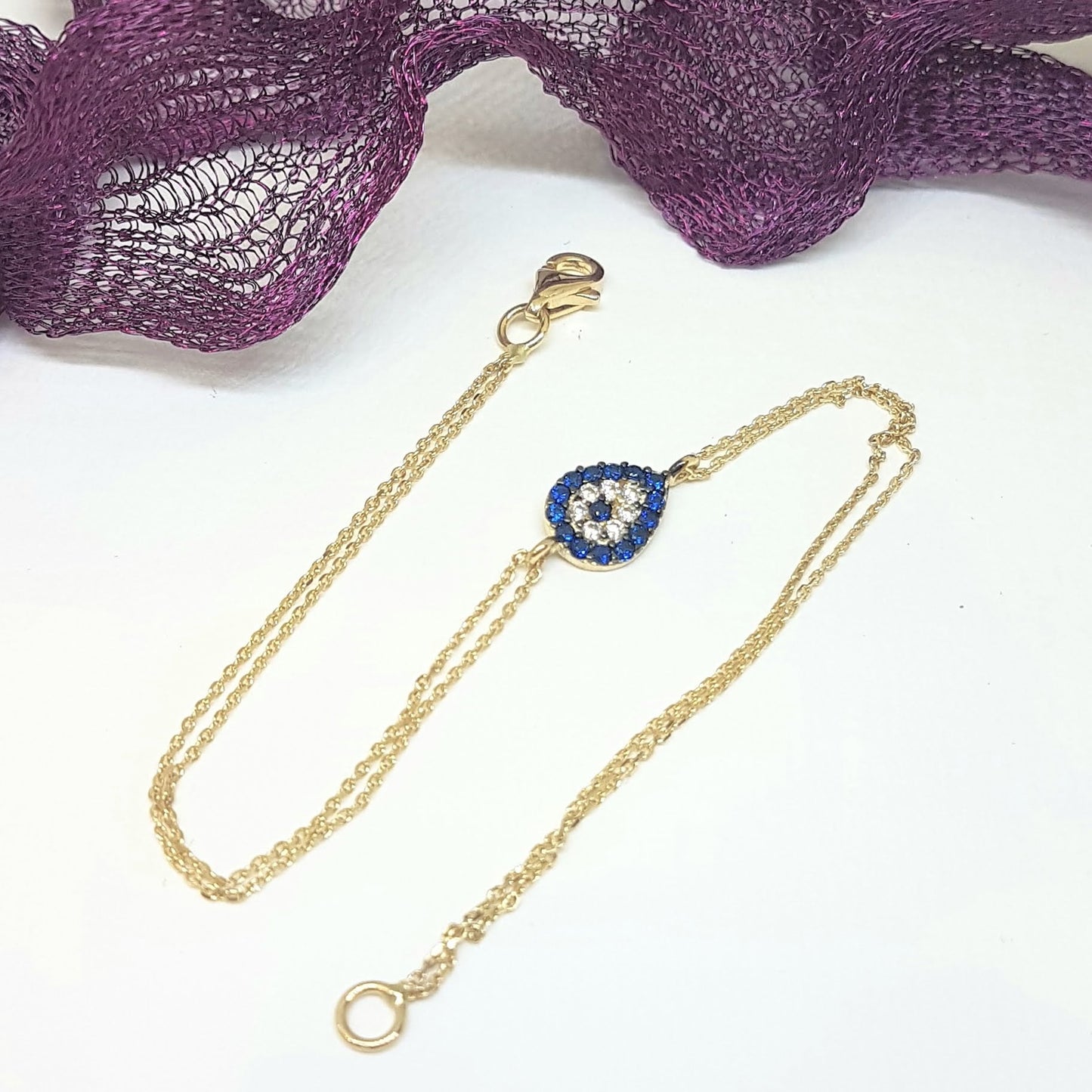Evil Eye 14K Solid Gold Eye Drop Design with Navy Blue and White Zirconia Stones Tiny, Dainty,Delicate and Trendy Bracelet best gift for women