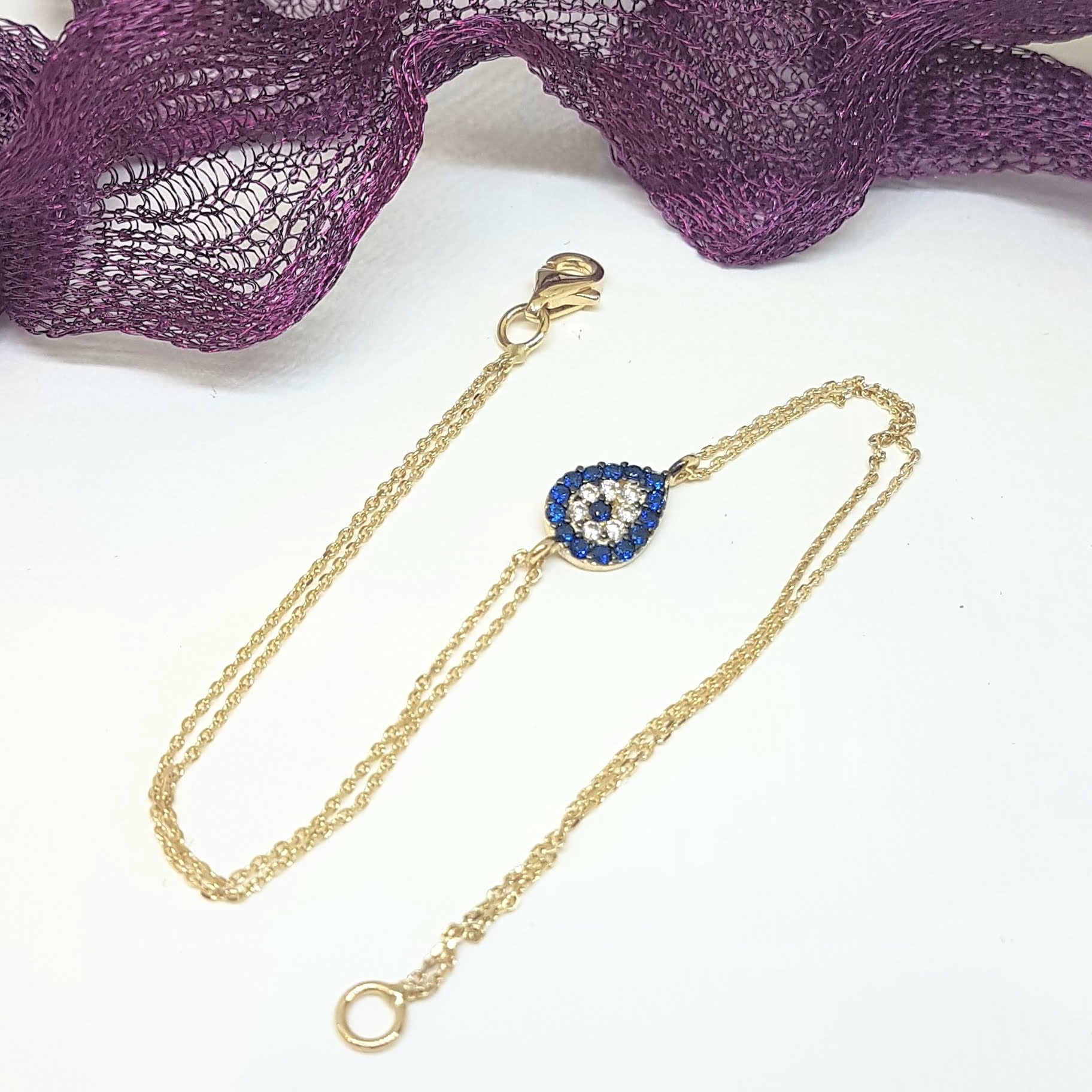 Evil Eye 14K Solid Gold Eye Drop Design with Navy Blue and White Zirconia Stones Tiny, Dainty,Delicate and Trendy Bracelet best gift for women