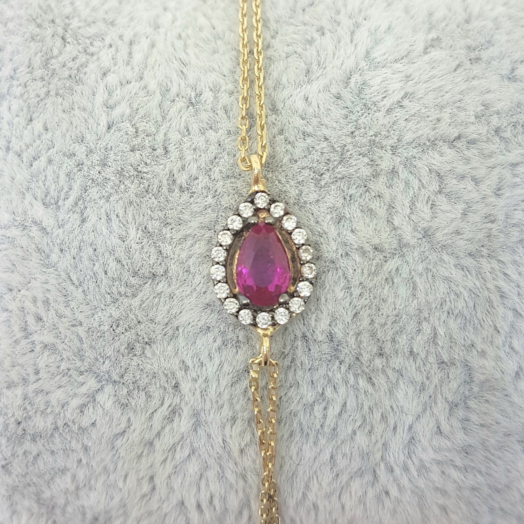 14K Real Solid Gold Tear Drop Design with RED and White Zirconia Stones Halo Elegant Dainty Bracelet